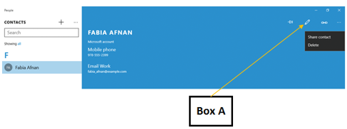 In the accompanying figure of the People app, Box A points to the _____. ​ ​   A) Pin button B) Edit button C) Link button D) Review button
