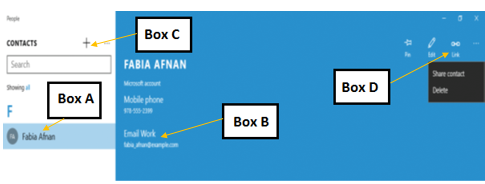 In the accompanying figure of the People app, clicking the option that _____ points to opens a new message addressed to the contact shown. ​ ​   A) Box A B) Box B C) Box C D) Box D
