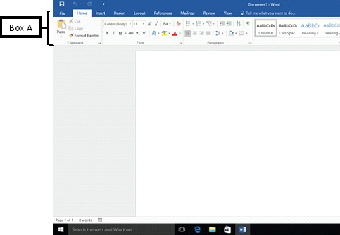In the accompanying image of a Microsoft Office 2016 application, Box A points to the _____. ​ ​   A) ribbon B) banner C) title bar D) status bar