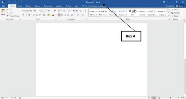 In the accompanying image of a Microsoft Word 2016 document, Box A points to the _____. ​ ​   A) title bar B) status bar C) taskbar D) scroll bar