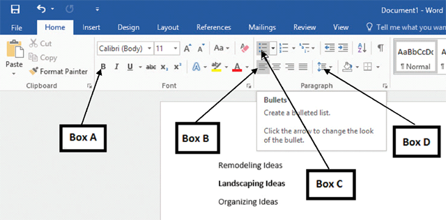 In the accompanying image of a Microsoft Word 2016 document, which of the following boxes points to a two-part button? ​ ​   A) Box A B) Box B C) Box C D) Box D