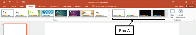 In the accompanying image of Microsoft PowerPoint 2016, Box A points to the _____. ​ ​   A) Styles gallery B) Variants gallery C) Themes gallery D) Illustrations gallery