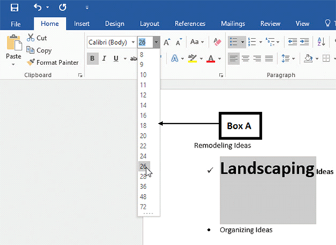 In the accompanying image of a Microsoft Word 2016 document, Box A points to the _____. ​ ​   A) Font Size menu B) Paragraph Spacing menu C) Line Indent menu D) Numbering menu