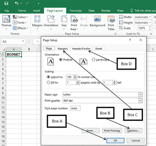 In the accompanying image of a Microsoft Excel 2016 Page Setup dialog box, clicking the button indicated by _____ will open another dialog box. ​ ​   A) Box A B) Box B C) Box C D) Box D