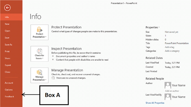 In the accompanying image of Microsoft PowerPoint 2016, Box A points to the _____. ​ ​   A) navigation bar B) menu bar C) review pane D) reference pane