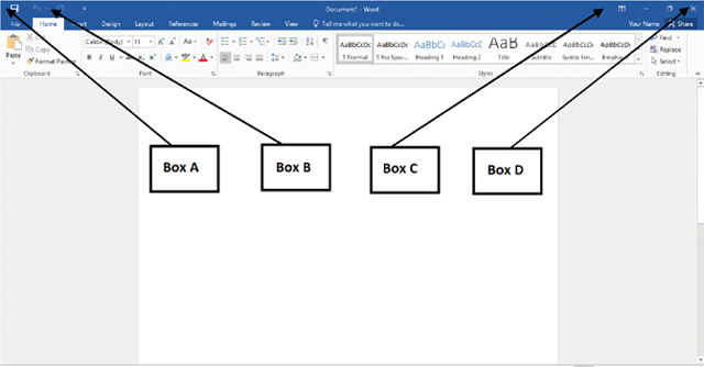 In the accompanying image of a Microsoft Word 2016 document, which of the following boxes points to the Close button? ​ ​   A) Box A B) Box B C) Box C D) Box D