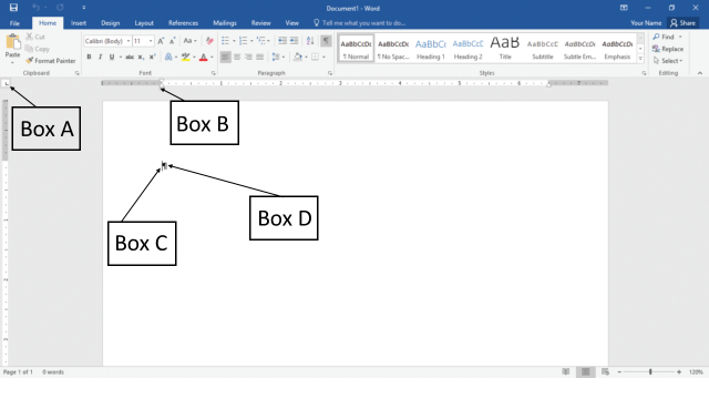 In the accompanying figure of a Microsoft Word 2016 document, which of the following boxes is pointing to the paragraph mark? ​ ​   A) Box A B) Box B C) Box C D) Box D