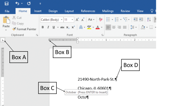 <strong>In the accompanying figure of a Microsoft Word 2016 document, which of the following boxes is pointing to the ScreenTip? </strong> A)Box A B)Box B C)Box C D)Box D