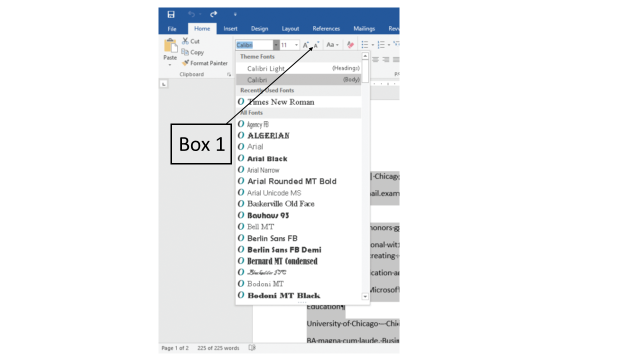 In the accompanying figure of a Microsoft Word 2016 document, which of the following is Box 1 pointing to ? ​ ​   A) Increase Font Size button B) Superscript button C) Decrease Font Size button D) Subscript button
