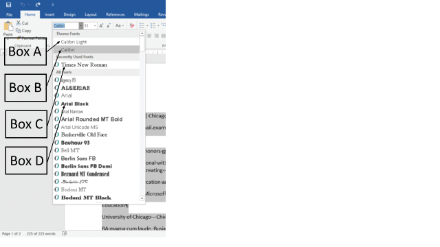 In the accompanying figure, which of the following boxes is pointing to the default font for headings in Microsoft Word 2016? ​ ​   A) Box A B) Box B C) Box C D) Box D