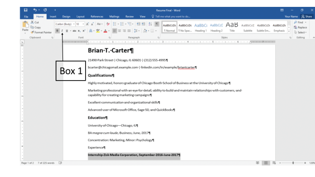 In the accompanying figure of a Microsoft Word 2016 document, which of the following is Box 1 pointing to ? ​ ​   A) Italic button B) Insert button C) Index button D) Indent button