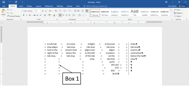 Enabling the Show/Hide button in a Microsoft Word 2016 document displays the nonprinting characters, as shown in the accompanying figure. Which of the following characters is Box 1 pointing to? ​ ​   A) Nonprinting paragraph character B) Nonprinting tab character C) Nonprinting space character D) Nonprinting newline character
