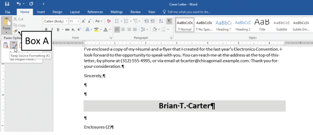 In the accompanying figure of a Microsoft Word 2016 document, which of the following is Box A pointing to? ​ ​   A) Format Cloner button B) Format Painter button C) Format Mover button D) Format Changer button