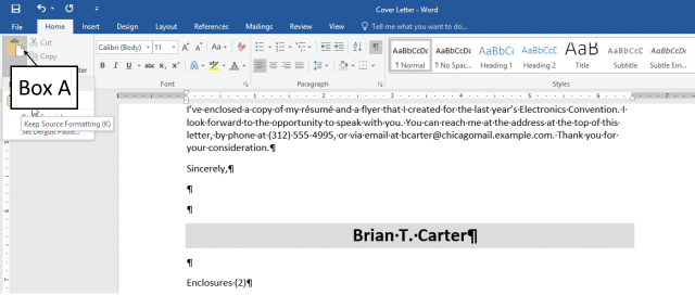 In the accompanying figure of a Microsoft Word 2016 document, which of the following is Box A pointing to? ​ ​   A) Envelopes button B) Print button C) Paste button D) Pictures button