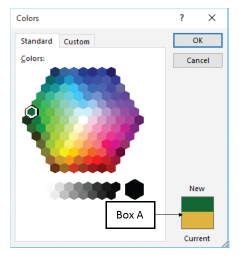 In the accompanying figure of the Microsoft Word 2016 Colors dialog box, Box A points to the _____. ​ ​   A) default color gradients B) least and most used color combinations C) color combinations used in some of the previously created documents D) new and currently selected color previews