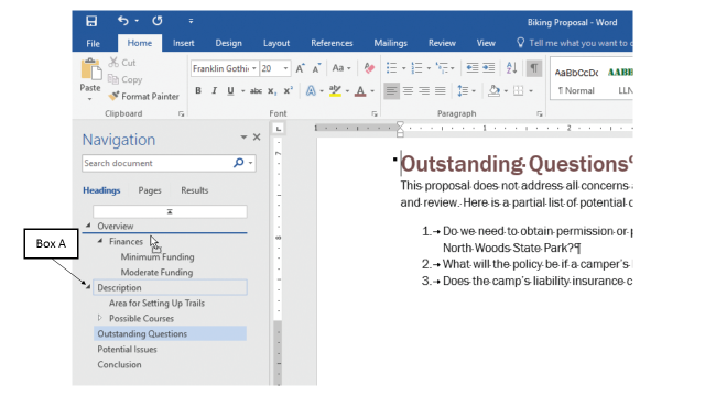 In the accompanying figure of Microsoft Word 2016, Box A points to the _____. ​ ​   A) Collapse arrow B) Promote arrow C) Demote arrow D) Expand arrow