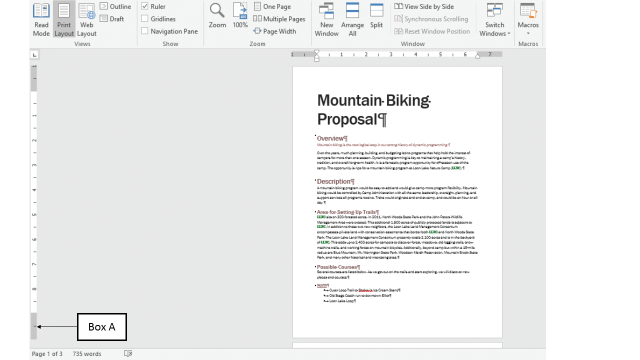 In the accompanying figure of a Microsoft Word 2016 document, Box A points to the _____ of the document. ​ ​   A)  page outline B)  page footer C)  bottom margin D)  bottom tab stop