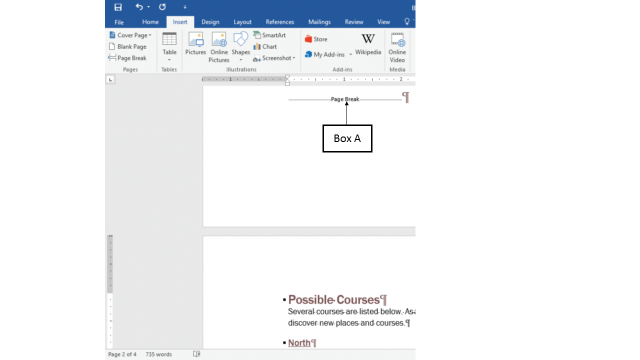 In the accompanying figure of Microsoft Word 2016, Box A points to a(n)  _____. ​ ​   A) manual page break B) automatic page break C) odd page break D) even page break