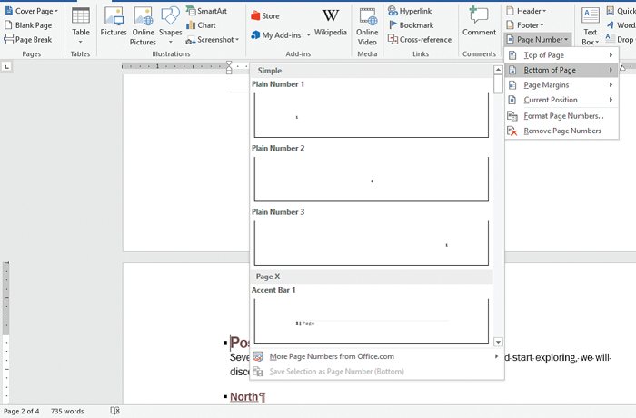 The accompanying figure of Microsoft Word 2016 shows the Page Number button in the Header & Footer group on the _____ tab that is used to add page numbers to a document. ​ ​   A) Layout B) Review C) Design D) Insert