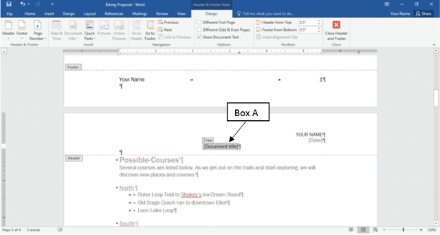 In the accompanying figure that shows the header and footer in a Microsoft Word 2016 document, Box A points to the _____. ​ ​   A) title reference marker B) title template C) title citation D) title content control