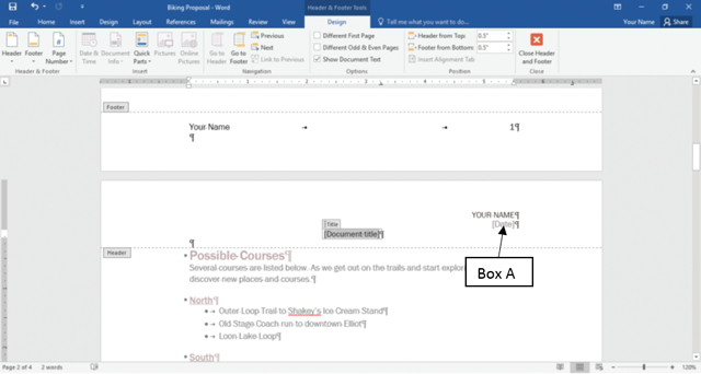 In the accompanying figure that shows the header and footer in a Microsoft Word 2016 document, Box A points to the _____. ​ ​   A) date reference marker B)  date template ​ C) date citation D) date content control