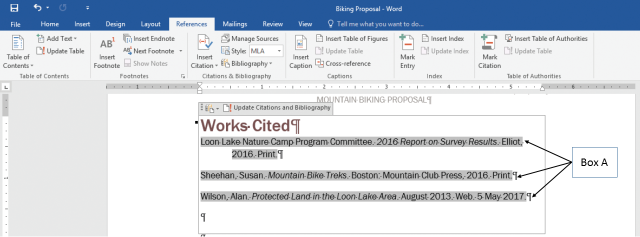 In the accompanying figure of a Microsoft Word 2016 document, Box A points to the _____. ​ ​   A) templates that use a similar style formatting B) results of a search conducted within the document C) bookmarks in the document that lets a user jump to specific places in the document D) sources of the document inserted as fields