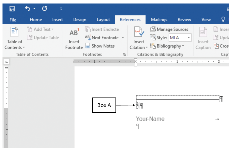 The accompanying figure shows the insertion point in a new footnote of a Microsoft Word 2016 document, where Box A points to the _____. ​ ​   A) citation field B) markup pointer C) bookmark link D) reference marker