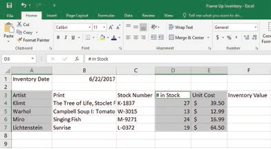 In the following snippet of a Microsoft Excel 2016 worksheet, which of the following is the correct range reference for selected cells?   A) A3:E3 B) A3;E7 C) A3:A7;D3:E7 D) A3:E3;E3:E7