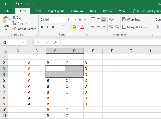 In the following snippet of Microsoft Excel 2016 document, when the selected range is inserted into a worksheet, the rest of the cells shift down because:   A) the range is longer than it is wide. B) the range is wider than it is long. C) the range is as wide as it is long. D) the range is exactly 4 cells in size.