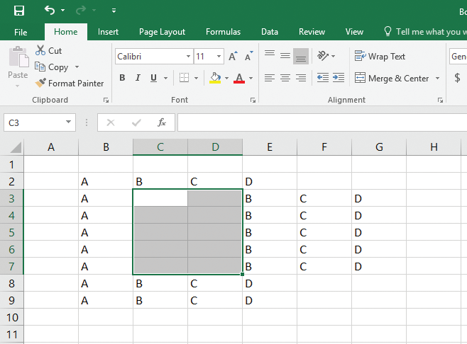 In the following snippet of a Microsoft Excel 2016 worksheet, when the selected cells are inserted into a worksheet, the rest of the cells shift to the right because:   A) the range is as wide as it is long. B) the range is wider than it is long. C) the range is longer than it is wide. D) the range is exactly 10 cells in size.