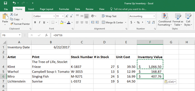 In the following snippet of a Microsoft Excel 2016 worksheet, which of the following is the formula that is in cell F4? ​   ​ A) =D6*E4 B) =D4*E4 C) =D3*E4 D) =D4*D6