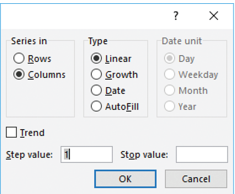The dialog box in the accompanying figure of Microsoft Excel 2016 is the _____ dialog box. ​ ​   A) Series B) Date & Time C) Trend D) AutoFill
