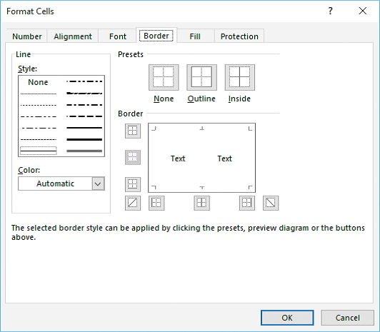 The accompanying figure shows the Border tab in the _____ dialog box in Microsoft Excel 2016. ​ ​   A) Format Cells B) AutoFill C) Function Arguments D) Paste Special