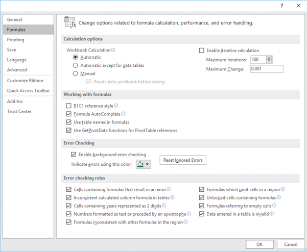 The accompanying image illustrates the _____ dialog box in the File tab of Microsoft Excel 2016. ​ ​   A) Excel Options B) Excel Formulas C) Excel Rules D) Excel Tools