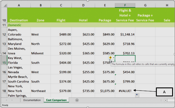 In the accompanying image of Microsoft Excel 2016, box A points to an:   A) error message indicating that a cell reference used in a formula or function is no longer valid. B) error message indicating that Excel does not recognize text in the formula. C) error message indicating that a value is not available to a function or formula. D) error message indicating that the wrong data type is used in the formula.