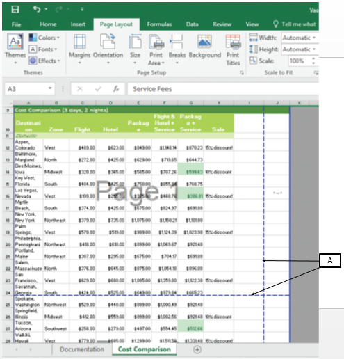 In the accompanying image of Microsoft Excel 2016, box A points to the _____.   A) manual page breaks B) error indicators C) error markers D) automatic page breaks