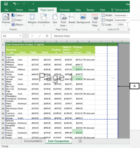 ​ In the accompanying image of Microsoft Excel 2016, box A points to the _____.   A) manual page break B) automatic page break C) worksheet border D) error indicator