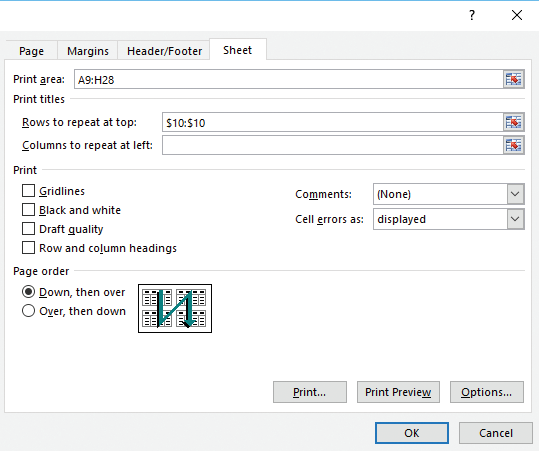 The accompanying image of Microsoft Excel 2016 shows the _____ dialog box that provides several print options. ​ ​   A) Create Table B) Print Preview C) Page Setup D) Data Table