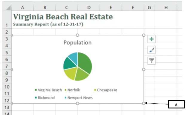 In the accompanying image of Microsoft Excel 2016, box  A  points to the _____. ​ ​   A) sizing handle B) crop handle C) fill handle D) margin handle