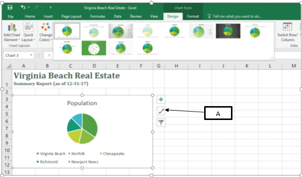 In the accompanying image of Microsoft Excel 2016, box  A  points to the _____. ​ ​   A) Chart Layout button B) Chart Format button C) Chart Elements button D) Chart Styles button