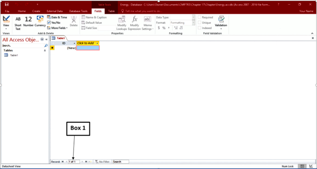 In the accompanying figure of a Microsoft Access 2016 document, which of the following is Box 1 pointing to? ​ ​   A) Record navigation bar B) Navigation Pane C) Database search bar D) Search Panel