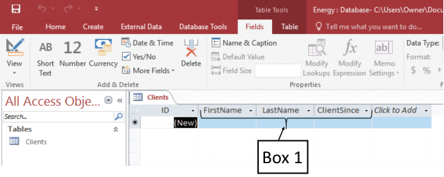 In the accompanying figure of a Microsoft Access 2016 document, which of the following is Box 1 pointing to? ​ ​   A) The three tables in the database B) The three records created C) The three fields created D) The three queries in the database
