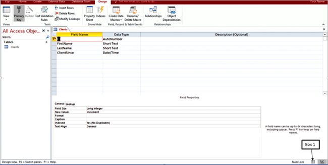 In the accompanying figure of a Microsoft Access 2016 document, which of the following is Box 1 pointing to? ​ ​   A) Datasheet View button B) Layout View button C) SQL View button D) Design View button