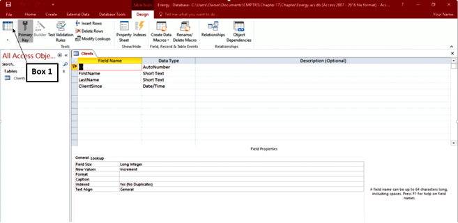 In the accompanying figure of a Microsoft Access 2016 document, which of the following is Box 1 pointing to? ​ ​   A) View button B) Table button C) Report button D) Form button