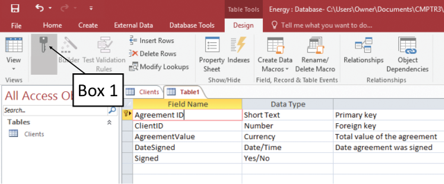 In the accompanying figure of a Microsoft Access 2016 document, which of the following is Box 1 pointing to? ​ ​   A)  Encrypted Key button ​ B) Foreign Key button C) Primary Key button D) Concatenated Key button