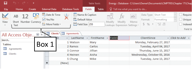 In the accompanying figure of a Microsoft Access 2016 document, which of the following is Box 1 pointing to? ​   A) Add & Delete group B) Macros & Code group C) Sort & Filter group D) Import & Link group