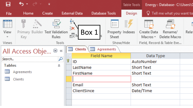 In the accompanying figure of a Microsoft Access 2016 document, which of the following is Box 1 pointing to? ​   A) Insert Rows button B) Shift Rows button C) Hide Rows button D) Delete Rows button