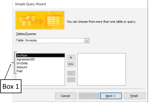 In the accompanying figure of Microsoft Access 2016, which of the following is Box 1 pointing to? ​ ​   A) The records in the selected table B) The fields in the selected table C) The executed queries D) The tables in the current database