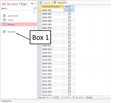 In the accompanying figure of a Microsoft Access 2016 document, which of the following is Box 1 pointing to? ​ ​   A) A report in the Navigation Pane B) A form in the Navigation Pane C)  A query in the Navigation Pane D) A table in the Navigation Pane