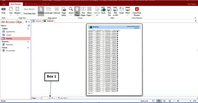 In the accompanying figure of a Microsoft Access 2016 document, which of the following is Box 1 pointing to? ​ ​   A) Next Page button B) Previous Page button C) First Page button D) Last Page button